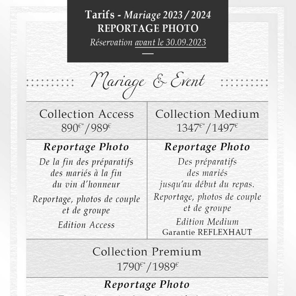 Tarifs - Photographe de Mariage - REFLEXHAUT 79